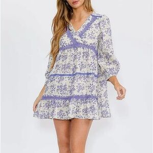 Sophie Marie Lavender Lace Floral 3 Tiered Babydoll Dress w/ Peasant Sleeves L